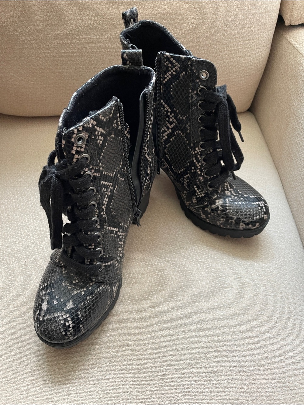 Time and Tru Black Snake-Print Lace-Up Ankle Boots